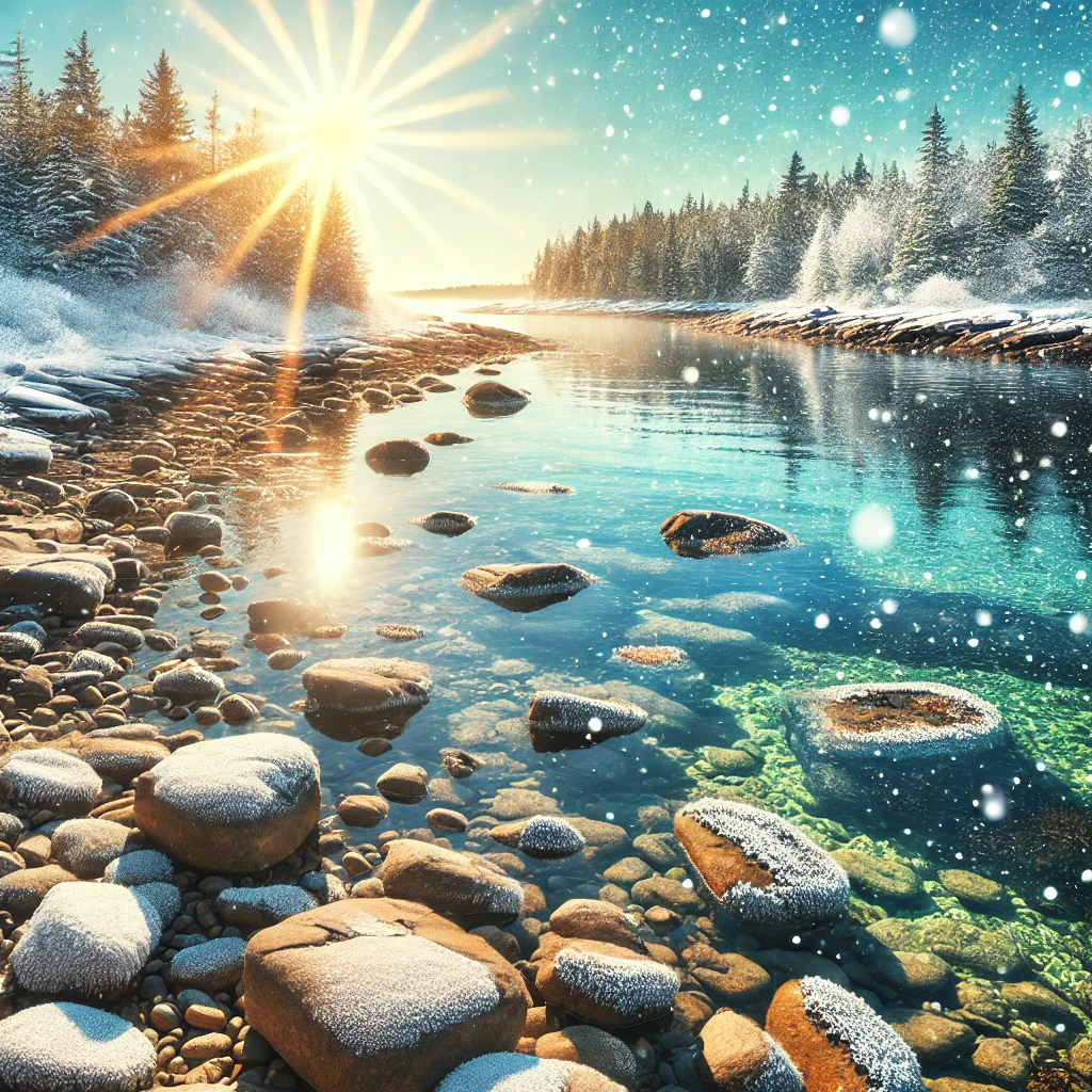 Seiklused dall·e 2024 12 09 20.11.31 transform the original coastal scene into a bright, sunny winter setting. the water remains calm and clear, reflecting the sunlight. the rocks scatter